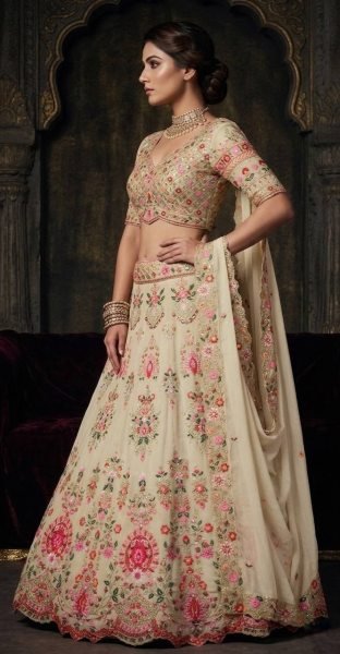 Royal Cream Faux Georgette Lehenga with Can Can and Canvas Layers for Wedding Wear Bridal Lehenga Choli