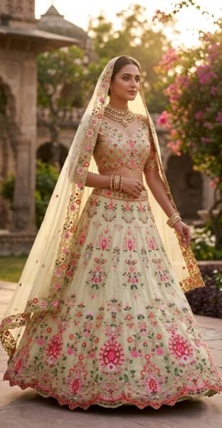 Royal Cream Faux Georgette Lehenga with Can Can and Canvas Layers for Wedding Wear Bridal Lehenga Choli
