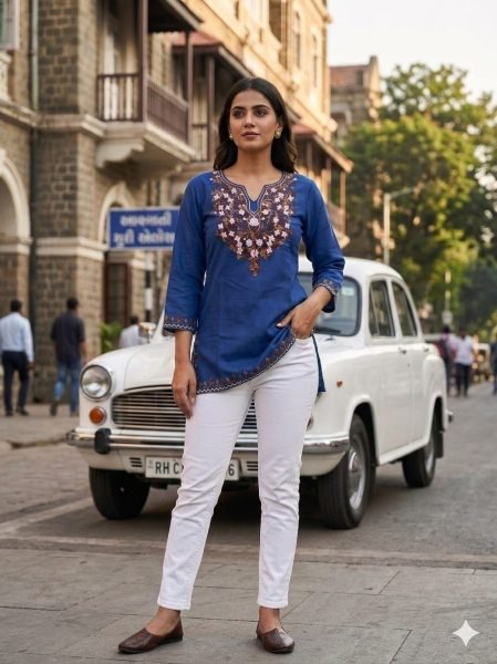 Royal Desi Elegance Blue Ethnic Cotton Kurta For Women Tunics kurti