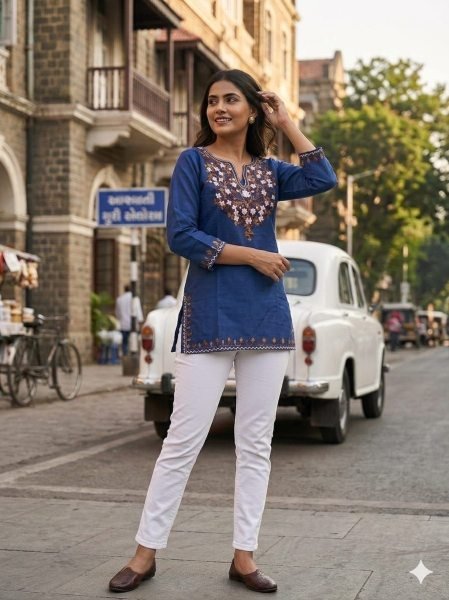Royal Desi Elegance Blue Ethnic Cotton Kurta For Women Tunics kurti
