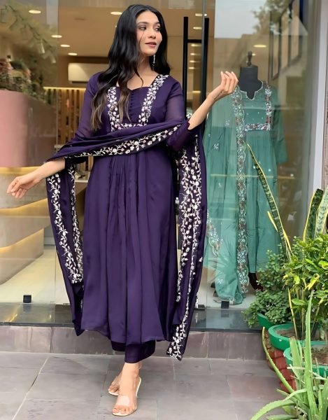 Royal Elegant Blue Pure Cotton 3 pc Kurti Set With Embroidered Neck Yoke Cotton Pant 3 Piece Kurti Set