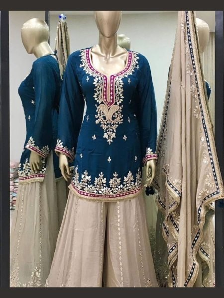 Royal Embroidered Sharara Suit Set in Pure Georgette Top with Mirror & Sequin Work, Paired with Heavy Flared Sharara Ready-to-Wear  Salwar Kameez