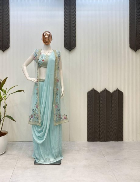 Royal Export Blue Georgette Draped Jacket Saree Set New Collection  Ready To Wear Saree 