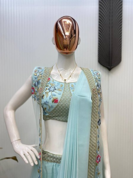 Royal Export Blue Georgette Draped Jacket Saree Set New Collection  Ready To Wear Saree 