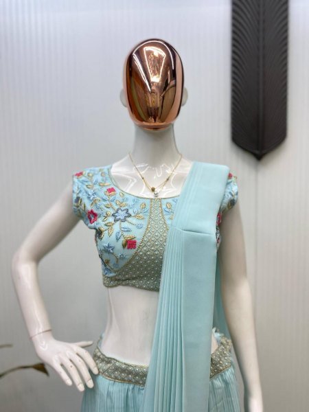 Royal Export Blue Georgette Draped Jacket Saree Set New Collection  Ready To Wear Saree 