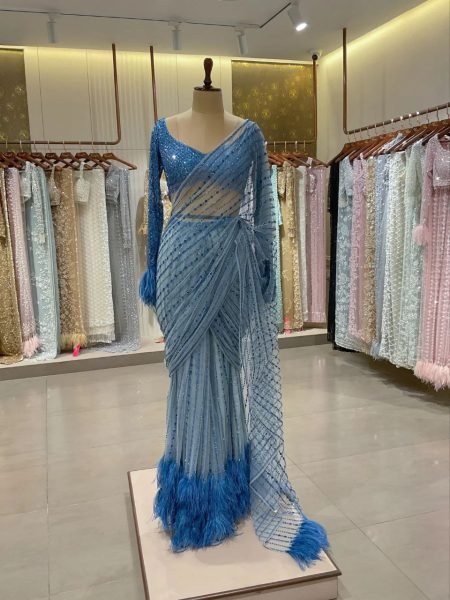 Royal Export Elegant Blue Embroidered Saree New Bollywood Blockbuster Sequin Design Bollywood Fancy Sarees Wholesale