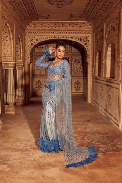 Royal Export Elegant Blue Embroidered Saree New Bollywood Blockbuster Sequin Design Bollywood Fancy Sarees Wholesale