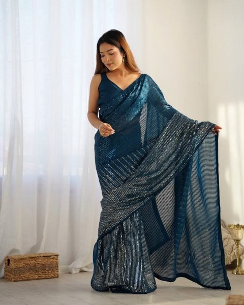 Royal Export Manufacturer Teal Blue Embellished Georgette Saree Online Designer Saree with Blouse at Factory Price Georgette Sarees Wholesale