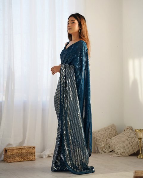 Royal Export Manufacturer Teal Blue Embellished Georgette Saree Online Designer Saree with Blouse at Factory Price Georgette Sarees Wholesale