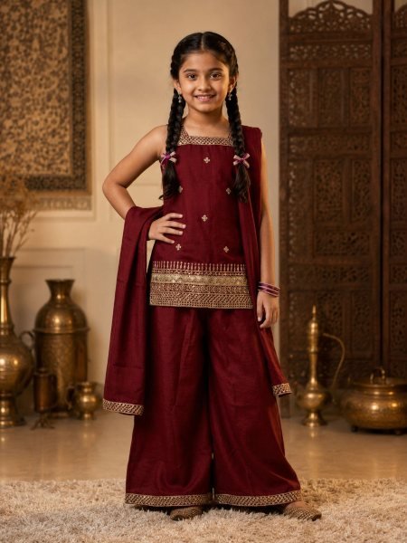 Royal Export Wholesale Maroon Girls Embroidered Top Palazzo Dupatta Set Kurtis