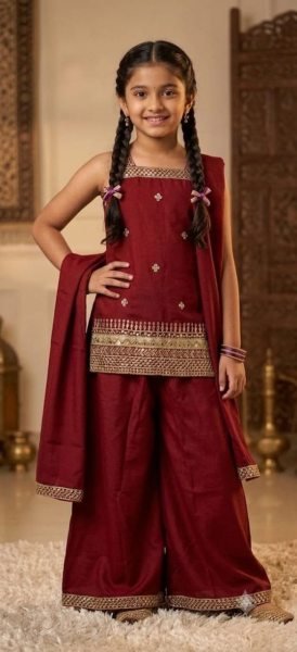 Royal Export Wholesale Maroon Girls Embroidered Top Palazzo Dupatta Set Girls Wear