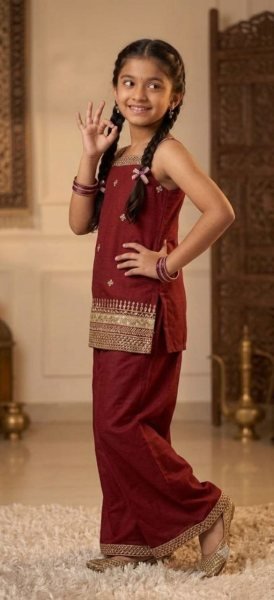 Royal Export Wholesale Maroon Girls Embroidered Top Palazzo Dupatta Set Girls Wear
