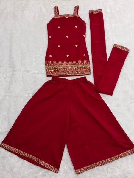 Royal Export Wholesale Maroon Girls Embroidered Top Palazzo Dupatta Set Girls Wear