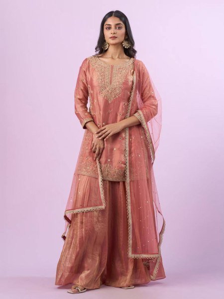 Royal Fandy Silk Kurta Palazzo Ensemble with Diamond Detailing Ready To Wear Collection