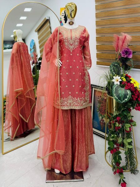 Royal Fandy Silk Kurta Palazzo Ensemble with Diamond Detailing Ready To Wear Collection