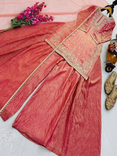 Royal Fandy Silk Kurta Palazzo Ensemble with Diamond Detailing Ready To Wear Collection