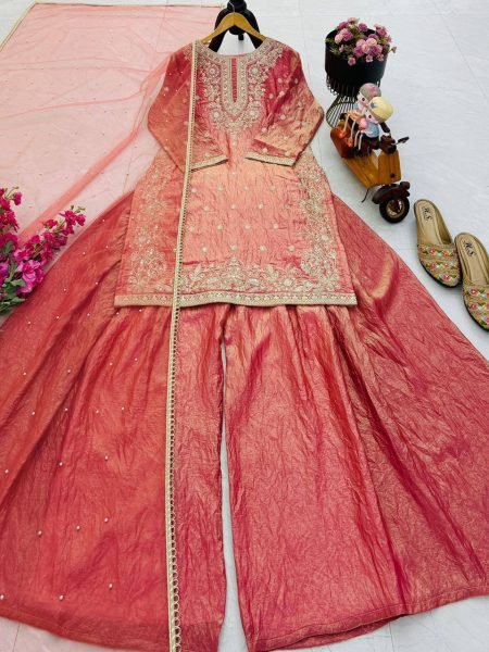 Royal Fandy Silk Kurta Palazzo Ensemble with Diamond Detailing Ready To Wear Collection