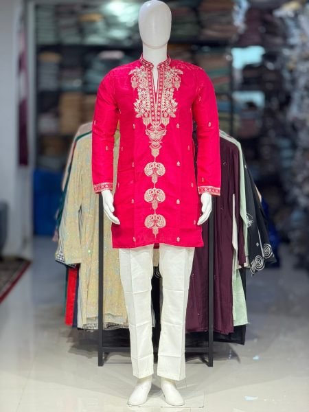 Royal Hot Pink Heritage Men   s Kurta with Golden Embroidery and Cotton Pant Mens Wear