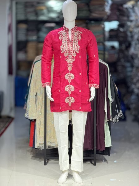Royal Hot Pink Heritage Men   s Kurta with Golden Embroidery and Cotton Pant Kurta Pajama Wholesale
