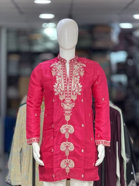 Royal Hot Pink Heritage Men   s Kurta with Golden Embroidery and Cotton Pant Kurta Pajama Wholesale