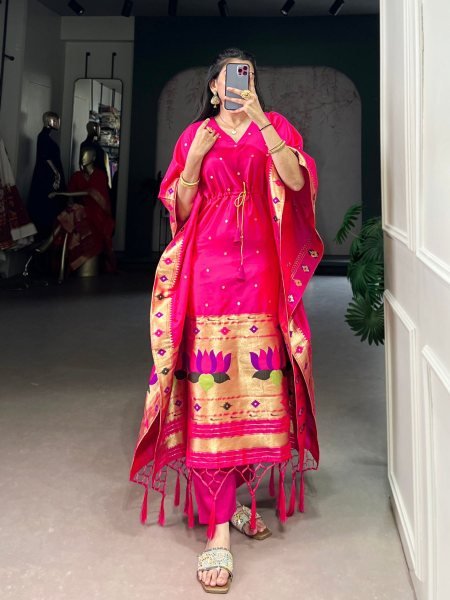 Royal Jacquard Paithani Kaftan   Zari Woven Free Size Ethnic Wear 