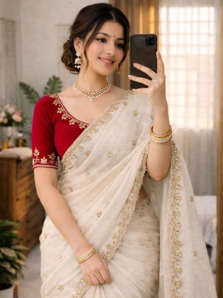 Royal Look Chinon Saree with Elegant Handwork Detailing Sarees 