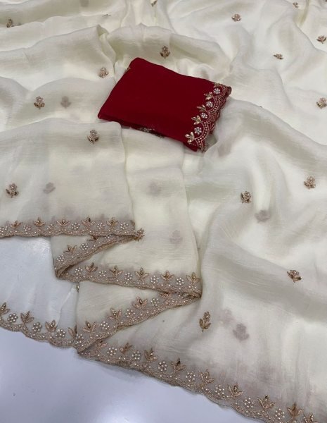 Royal Look Chinon Saree with Elegant Handwork Detailing Embroidery Sarees Wholesale