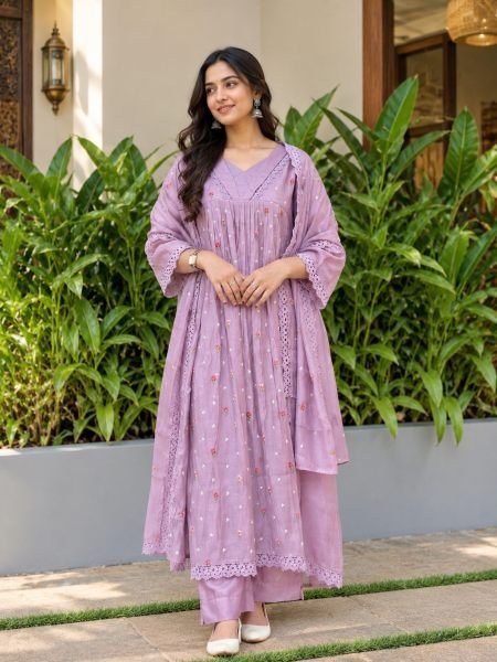 Royal Look Purple Mal Chanderi Anarkali Suit with Golden Embroidery Work For Daily Kurtis