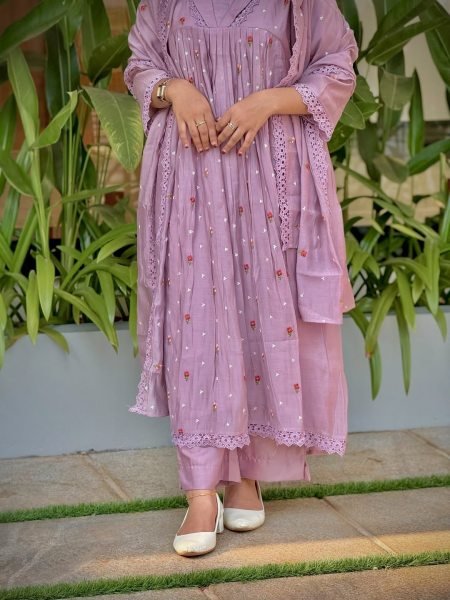 Royal Look Purple Mal Chanderi Anarkali Suit with Golden Embroidery Work For Daily Anarkali Kurtis 
