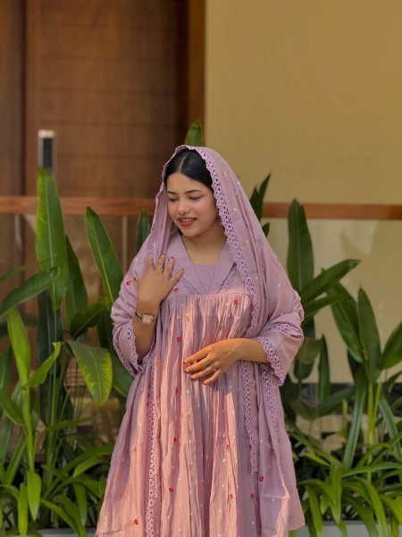 Royal Look Purple Mal Chanderi Anarkali Suit with Golden Embroidery Work For Daily Anarkali Kurtis 