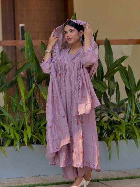 Royal Look Purple Mal Chanderi Anarkali Suit with Golden Embroidery Work For Daily Anarkali Kurtis 