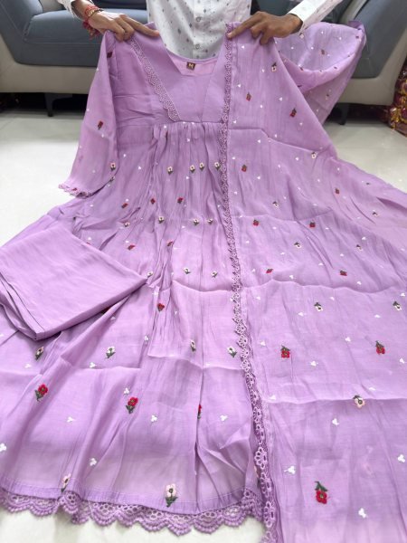 Royal Look Purple Mal Chanderi Anarkali Suit with Golden Embroidery Work For Daily Anarkali Kurtis 