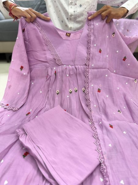 Royal Look Purple Mal Chanderi Anarkali Suit with Golden Embroidery Work For Daily Anarkali Kurtis 