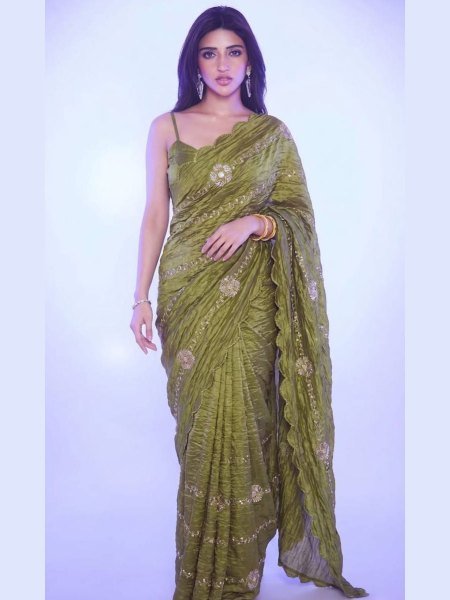 Royal Mahendi Green Gold Crush Saree with Heavy Embroidery Look Sarees 