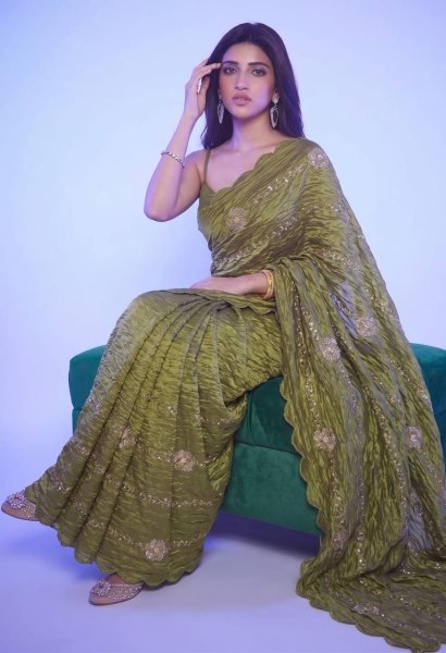 Royal Mahendi Green Gold Crush Saree with Heavy Embroidery Look Designer Wedding Sarees Wholesale