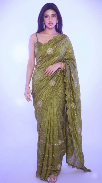 Royal Mahendi Green Gold Crush Saree with Heavy Embroidery Look Designer Wedding Sarees Wholesale