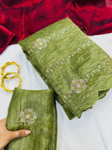 Royal Mahendi Green Gold Crush Saree with Heavy Embroidery Look Designer Wedding Sarees Wholesale