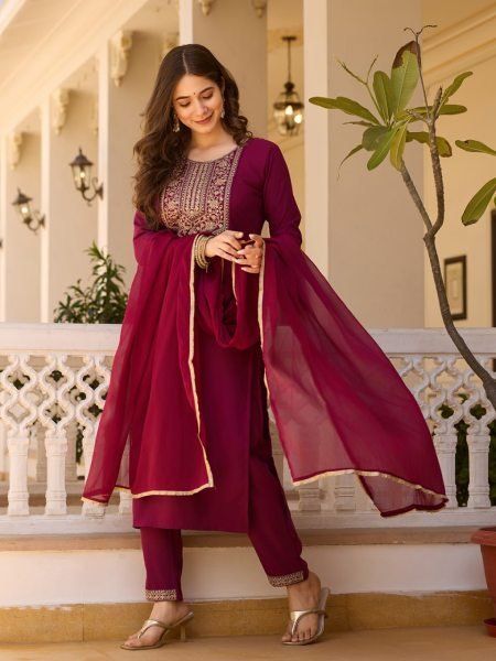 Royal Maroon Kurti Suit Set with kurti manufacturer in surat 3 Piece Kurti Set
