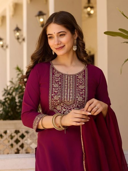 Royal Maroon Kurti Suit Set with kurti manufacturer in surat 3 Piece Kurti Set