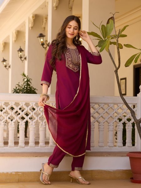 Royal Maroon Kurti Suit Set with kurti manufacturer in surat 3 Piece Kurti Set