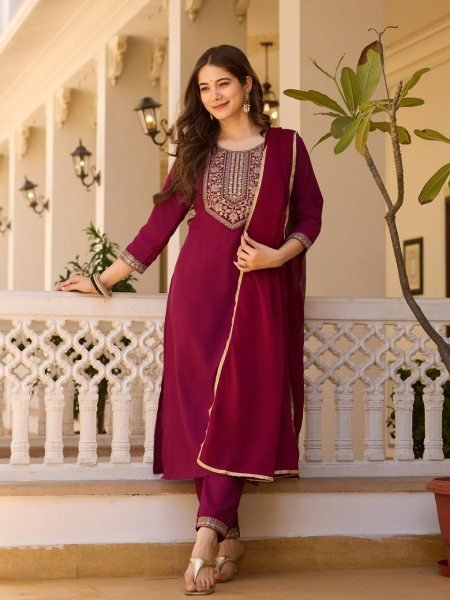 Royal Maroon Kurti Suit Set with kurti manufacturer in surat 3 Piece Kurti Set