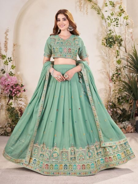 Royal Mint Green Lehenga Zari & Sequin Work for Mehndi Celebrations  Lehenga