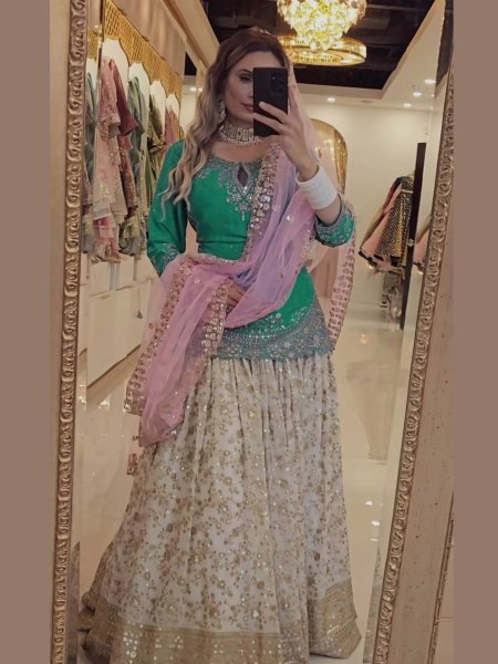 Punjabi Style Green Lehenga Choli with Mirror Work Perfect for Wedding Functions Ready To Wear Suit