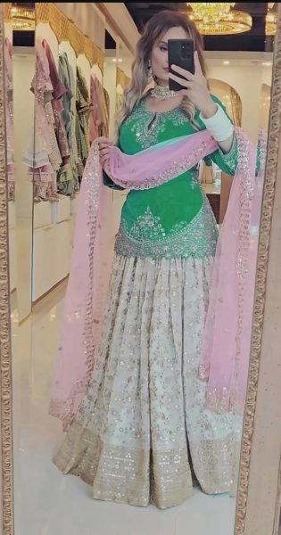 Punjabi Style Green Lehenga Choli with Mirror Work Perfect for Wedding Functions Ready To Wear Collection