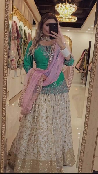 Punjabi Style Green Lehenga Choli with Mirror Work Perfect for Wedding Functions Ready To Wear Collection