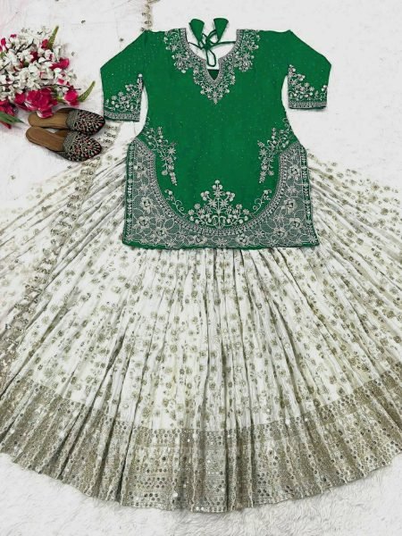 Punjabi Style Green Lehenga Choli with Mirror Work Perfect for Wedding Functions Ready To Wear Collection
