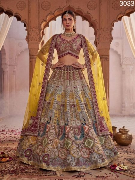 Royal Multi Color Gadhwal Lehenga Choli with Heavy Mirror and Kundan Work For Bridal Wear 