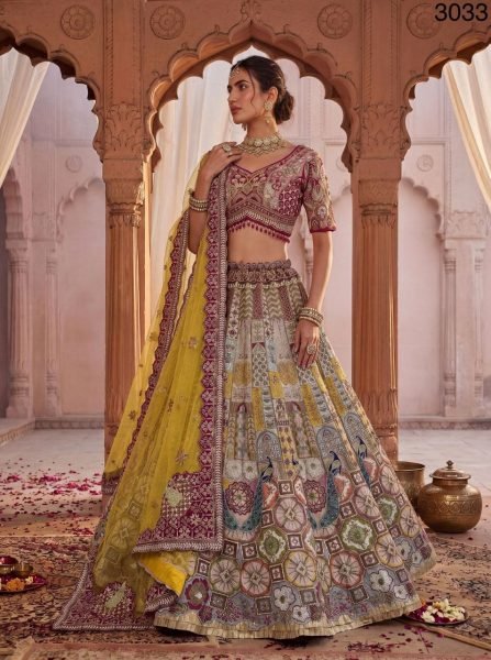 Royal Multi Color Gadhwal Lehenga Choli with Heavy Mirror and Kundan Work For Bridal Wear Bridal Lehenga Choli