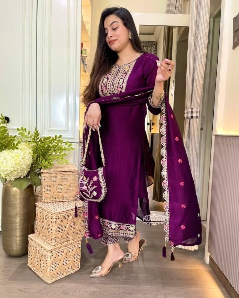 Royal Muse Deep Purple Chinon Silk Suit with Embroidery  & Designer Dupatta  3 Piece Kurti Set