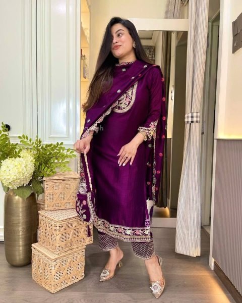 Royal Muse Deep Purple Chinon Silk Suit with Embroidery  & Designer Dupatta  3 Piece Kurti Set